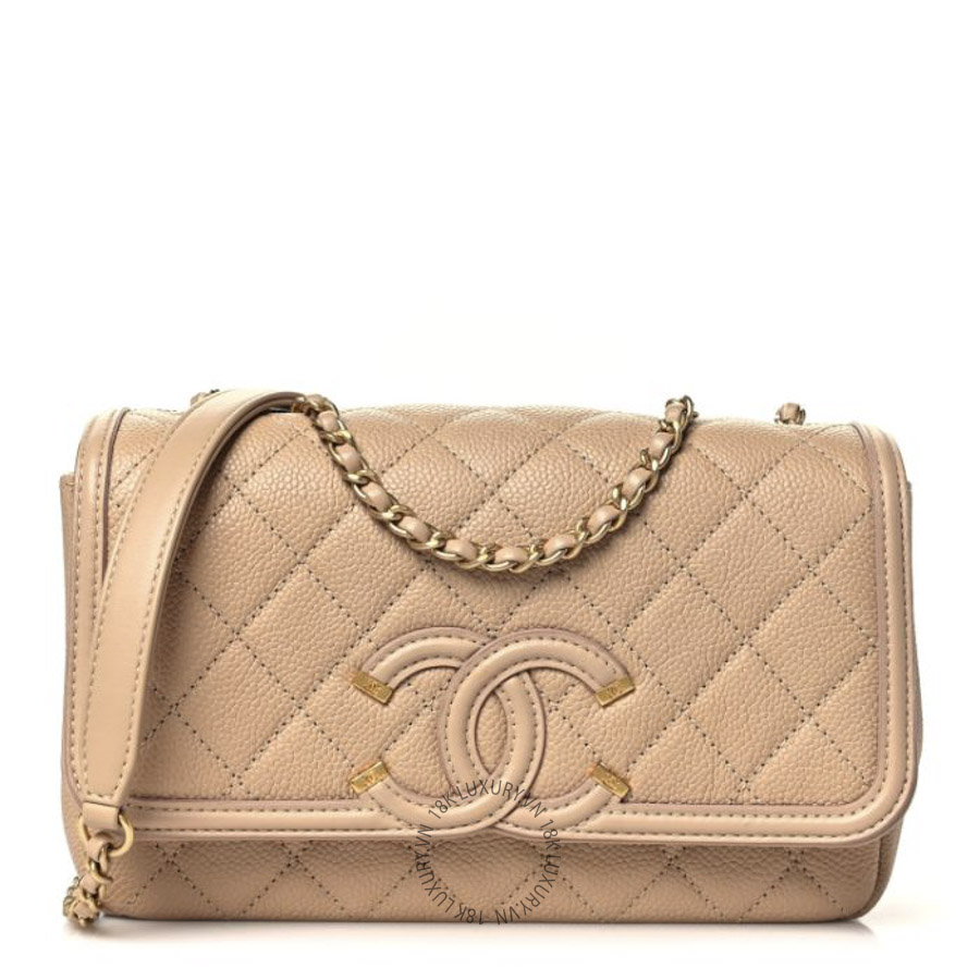Túi Đeo Chéo Chanel Caviar Quilted Small CC Filigree Flap Beige CDBC666