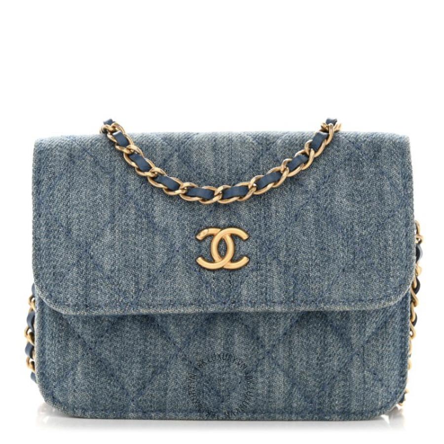Túi Đeo Chéo Chanel Denim Quilted CC Pearl Crush Clutch With Chain Blue CDBC646