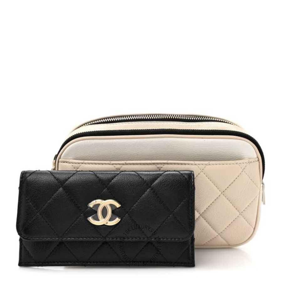 Túi Đeo Chéo Chanel Goatskin Quilted Waist Bag Beige White Black CDBC1059