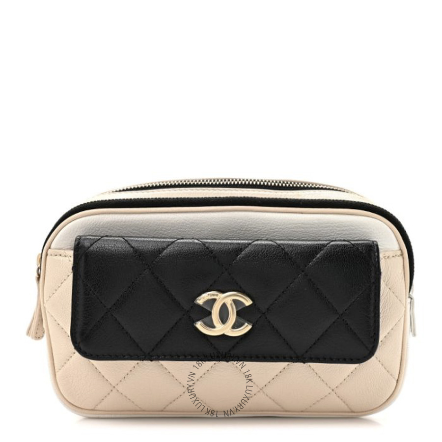 Túi Đeo Chéo Chanel Goatskin Quilted Waist Bag Beige White Black CDBC1059