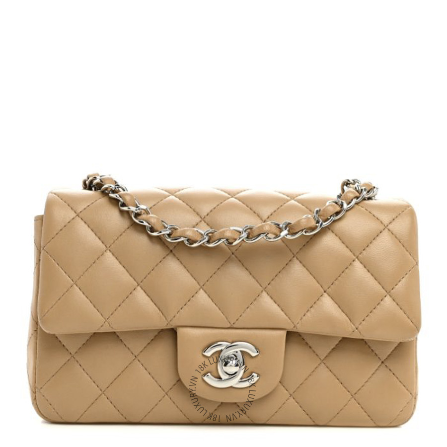 Túi Đeo Chéo Chanel Lambskin Quilted Mini Rectangular Flap Beige CDBC775