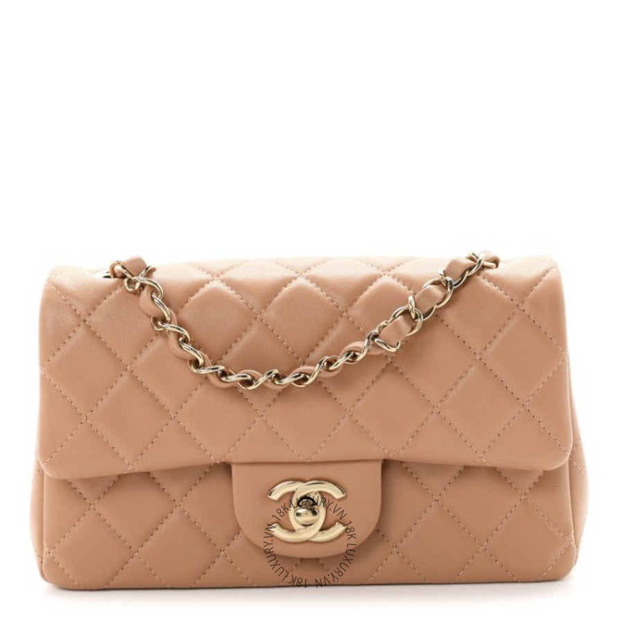 Túi Đeo Chéo Chanel Lambskin Quilted Mini Rectangular Flap Dark Beige CDBC780