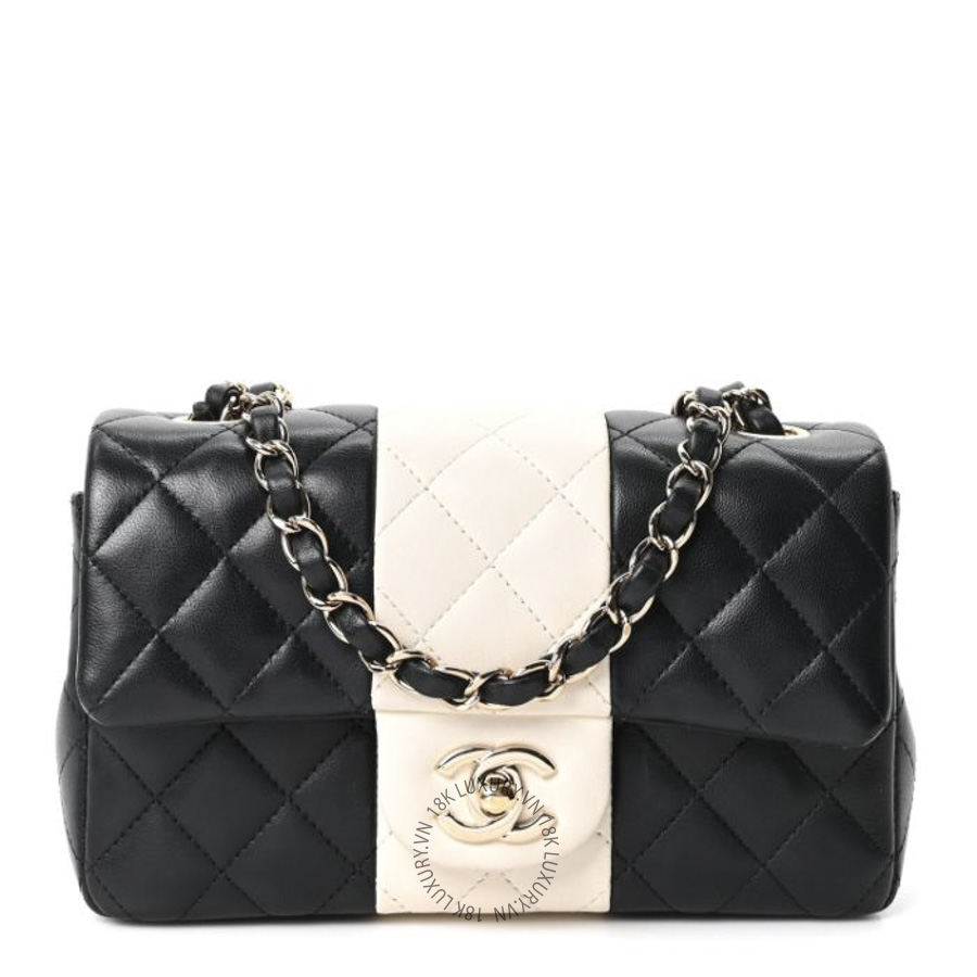 Túi Đeo Chéo Chanel Lambskin Quilted Mini Rectangular Flap White Black CDBC705