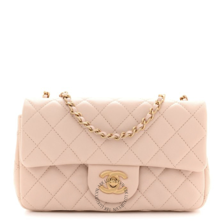 Túi Đeo Chéo Chanel Lambskin Quilted Mini Rectangular Pearl Crush Flap Light Beige CDBC198