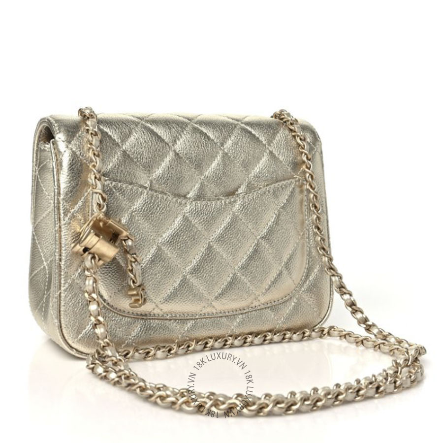 Túi Đeo Chéo Chanel Metallic Caviar Quilted Mini Square CC Slide Flap Gold CDBC597