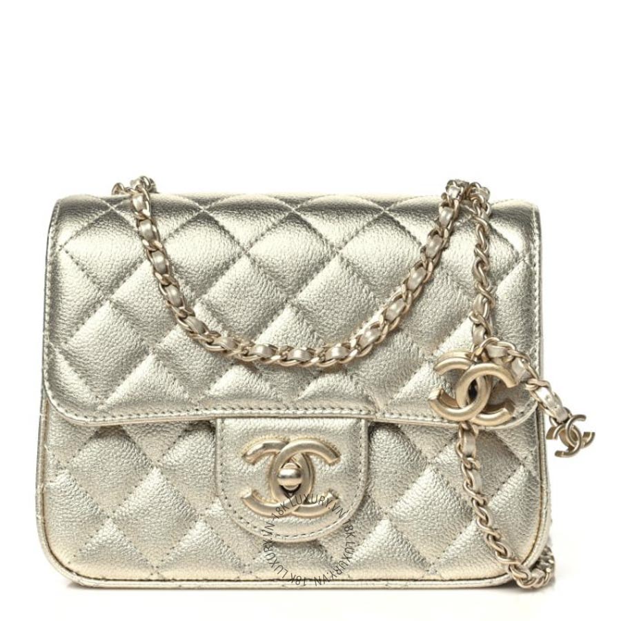 Túi Đeo Chéo Chanel Metallic Caviar Quilted Mini Square CC Slide Flap Gold CDBC597