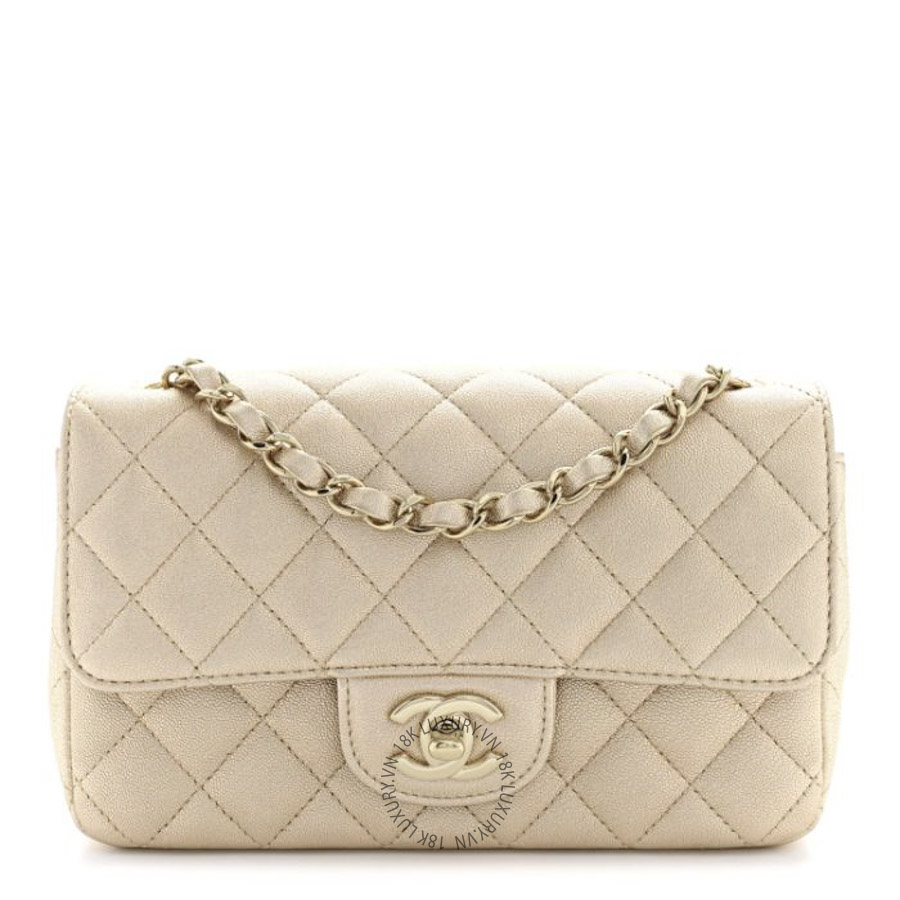 Túi Đeo Chéo Chanel Metallic Lambskin Quilted Mini Rectangular Flap Gold CDBC138