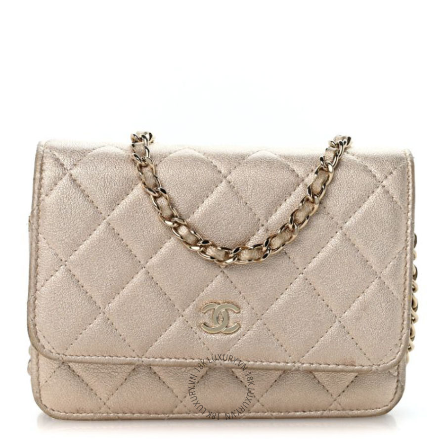 Túi Đeo Chéo Chanel Metallic Lambskin Quilted Mini Wallet On Chain WOC Gold CDBC260