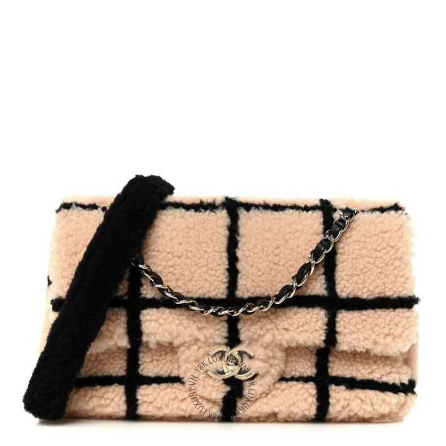 Túi Đeo Chéo Chanel Shearling Lambskin Large Fluffy Tartan Single Flap Pink Black CDBC032