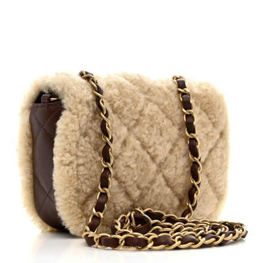Túi Đeo Chéo Chanel Shearling Lambskin Quilted Mini Furry Coco Flap Beige Dark Brown CDBC523