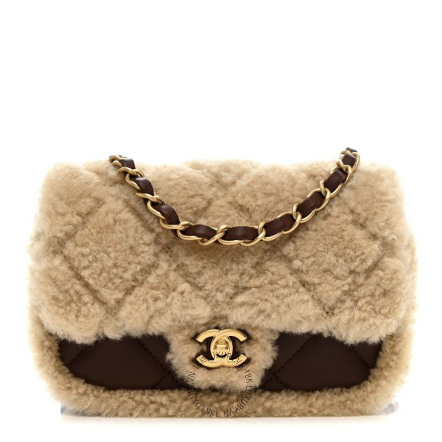 Túi Đeo Chéo Chanel Shearling Lambskin Quilted Mini Furry Coco Flap Beige Dark Brown CDBC523