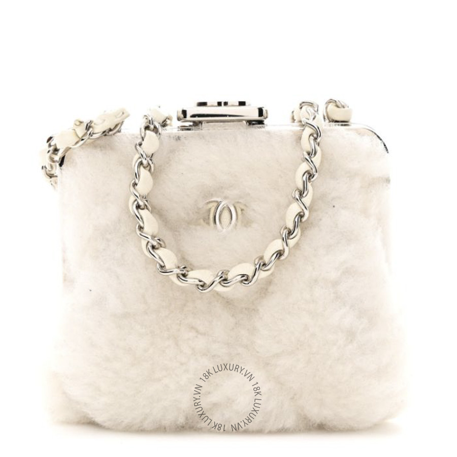 Túi Đeo Chéo Chanel Shearling Sheepskin Lambskin Quilted Clutch With Chain White CDBC350