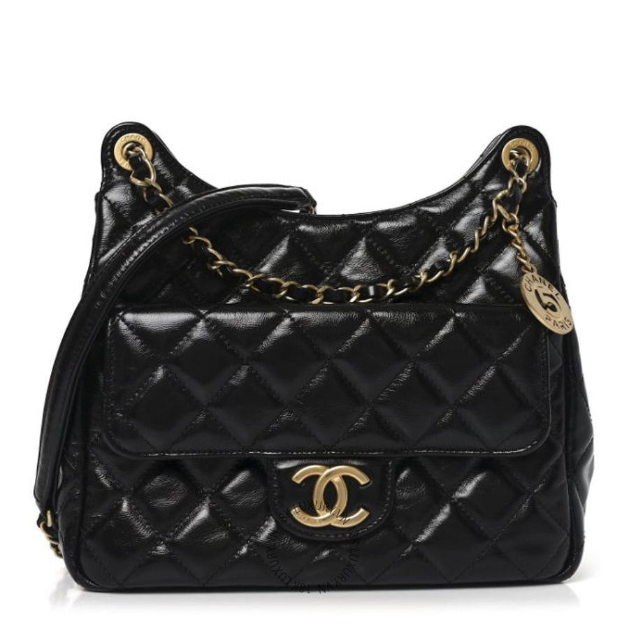 Túi Đeo Chéo Chanel Shiny Crumpled Calfskin Quilted Wavy CC Hobo Black CDBC903
