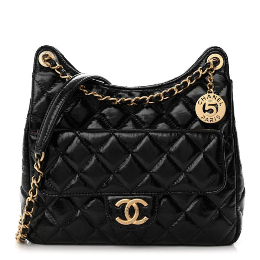 Túi Đeo Chéo Chanel Shiny Crumpled Calfskin Quilted Wavy CC Hobo Black CDBC909