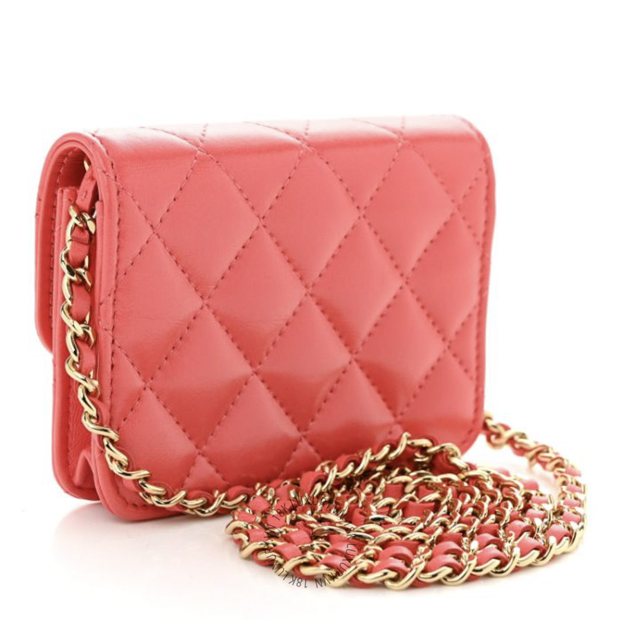 Túi Đeo Chéo Chanel Shiny Lambskin Quilted Card Holder On Chain Pink CDBC927