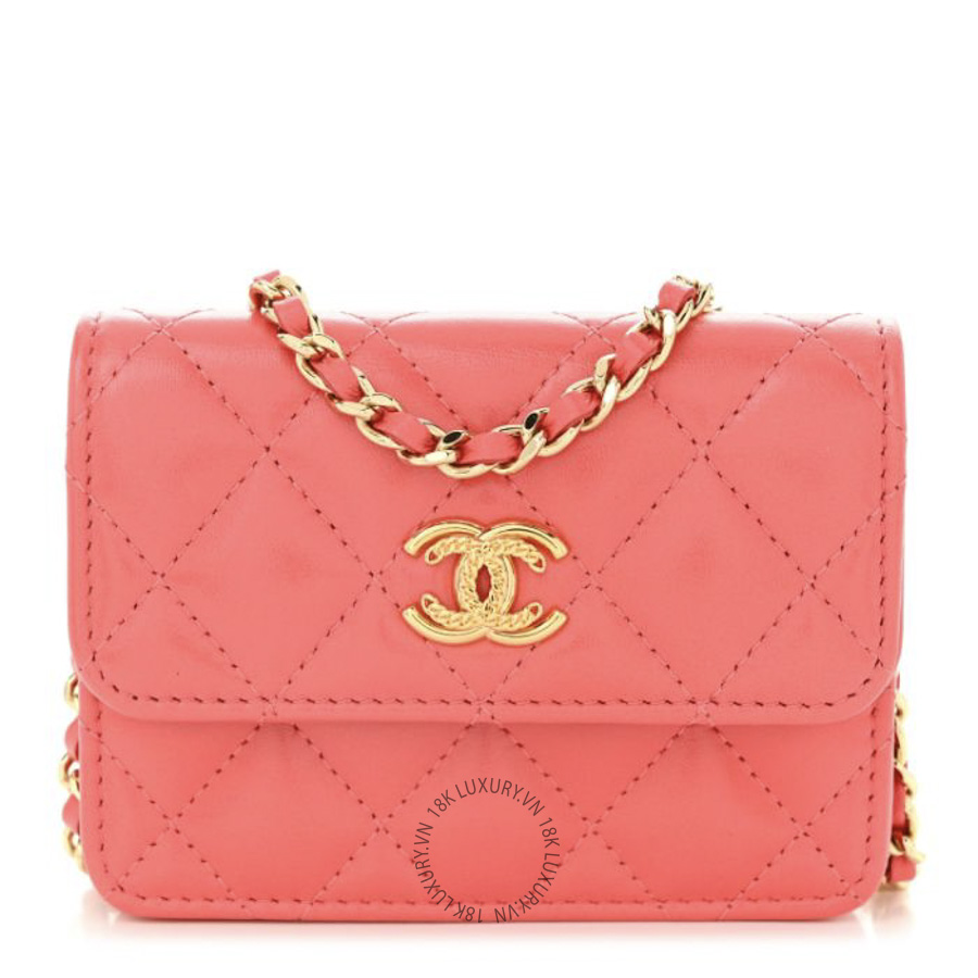 Túi Đeo Chéo Chanel Shiny Lambskin Quilted Card Holder On Chain Pink CDBC927
