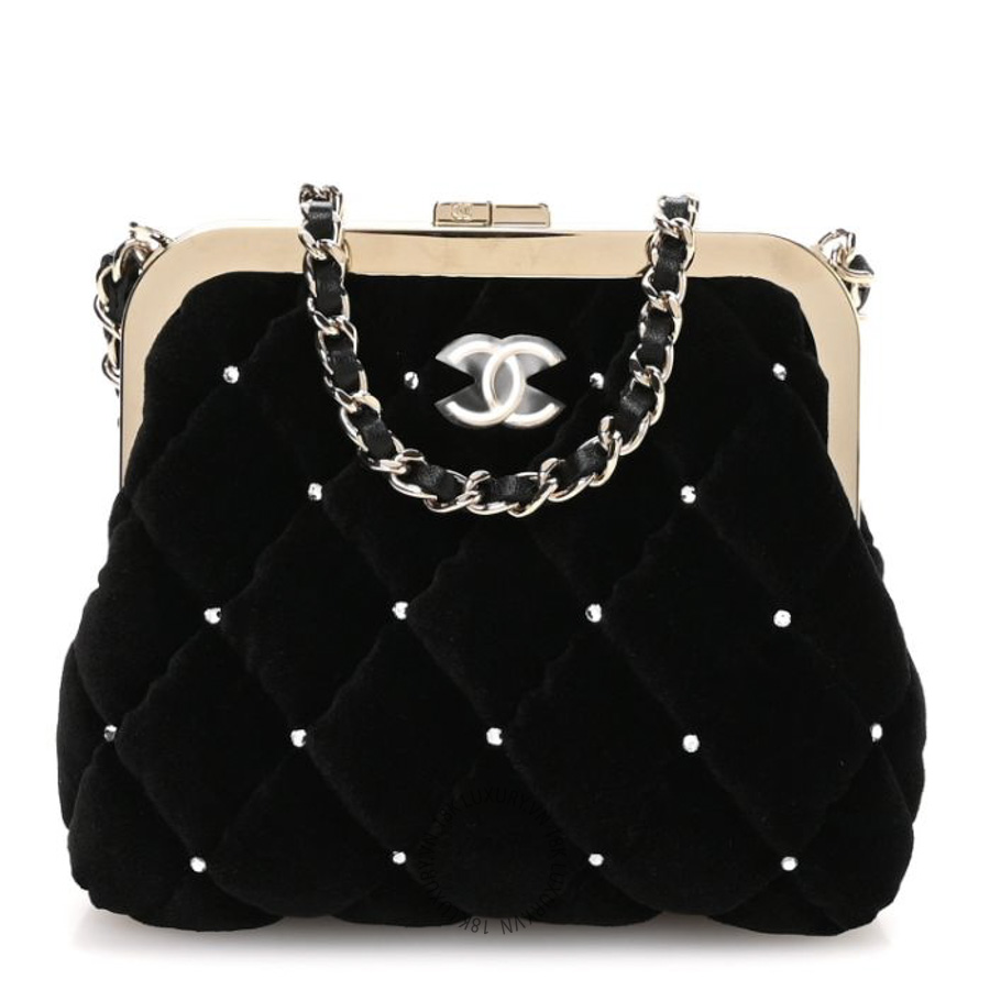 Túi Đeo Chéo Chanel Velvet Diamante Quilted Kiss Lock Clutch Black CDBC416