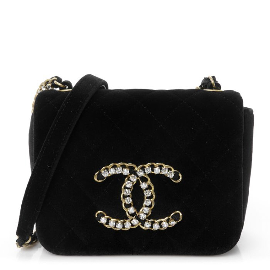Túi Đeo Chéo Chanel Velvet Quilted Crystal CC Mini Flap Black CDBC226