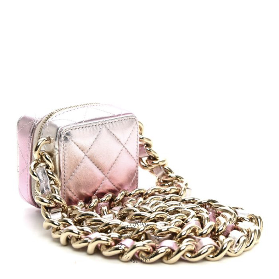 Túi Đeo Chéo Hộp Vuông Chanel Gradient Metallic Lambskin Quilted Coco Punk Cube Clutch With Chain Silver Pink CDBC948