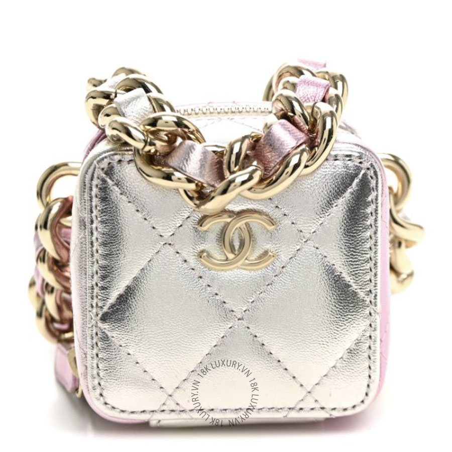 Túi Đeo Chéo Hộp Vuông Chanel Gradient Metallic Lambskin Quilted Coco Punk Cube Clutch With Chain Silver Pink CDBC948