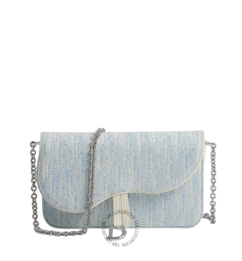 Túi Đeo Chéo Medium Saddle Pouch with Chain Céleste Blue Dior Oblique Washed Jacquard S5899PGHF_M43I RMTM058