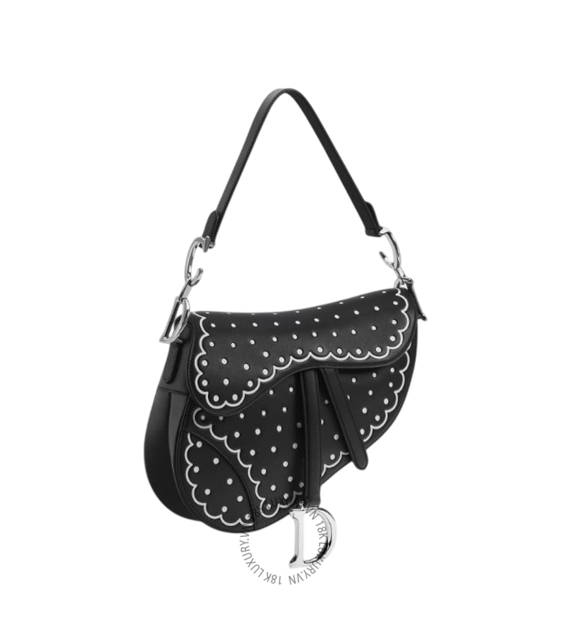 Túi Dior Saddle Bag with Strap Black Calfskin with White Printed and Debossed PolkaDior M0455PILJ_M45I AMXM034
