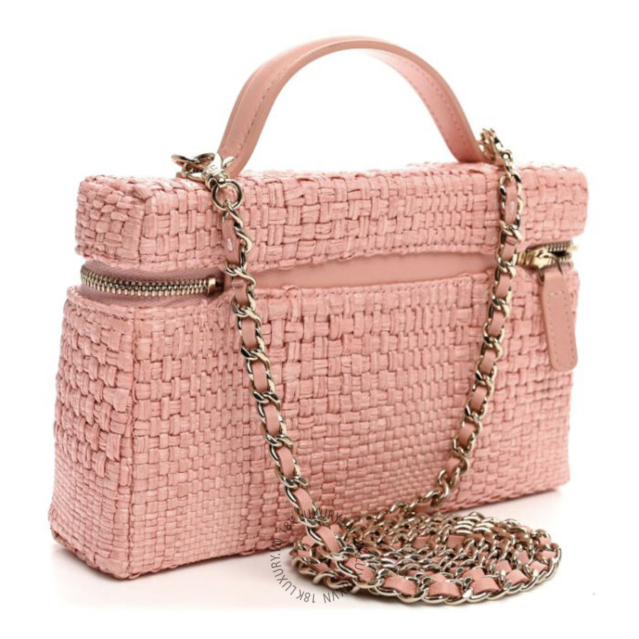 Túi Hộp Đeo Chéo Chanel Braided Raffia Quilted Top Handle Slim Vanity Case With Chain Light Pink CDBC950