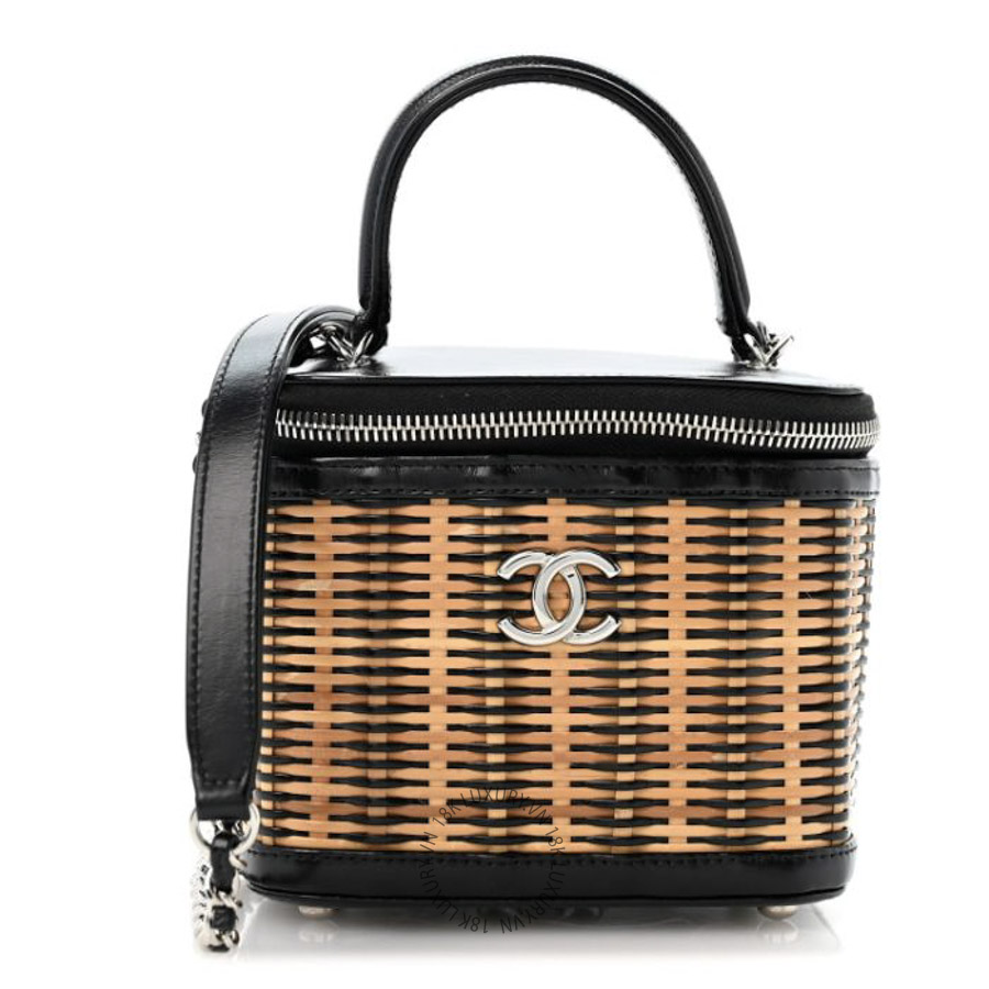 Túi Hộp Đeo Chéo Chanel Calfskin Raffia Small Vanity Case Bag Black Beige CDBC702
