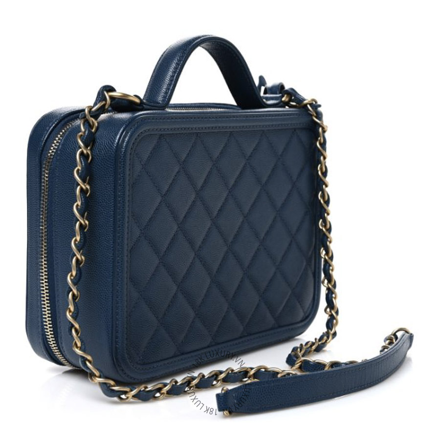 Túi Hộp Đeo Chéo Chanel Caviar Quilted Medium CC Filigree Vanity Case Dark Blue CDBC667