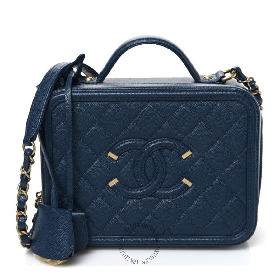 Túi Hộp Đeo Chéo Chanel Caviar Quilted Medium CC Filigree Vanity Case Dark Blue CDBC667
