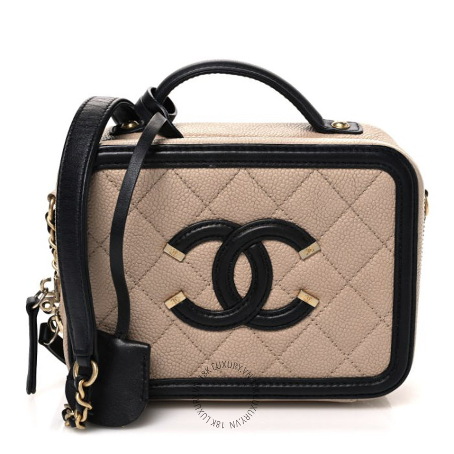 Túi Hộp Đeo Chéo Chanel Caviar Quilted Small CC Filigree Vanity Case Beige Black CDBC1071