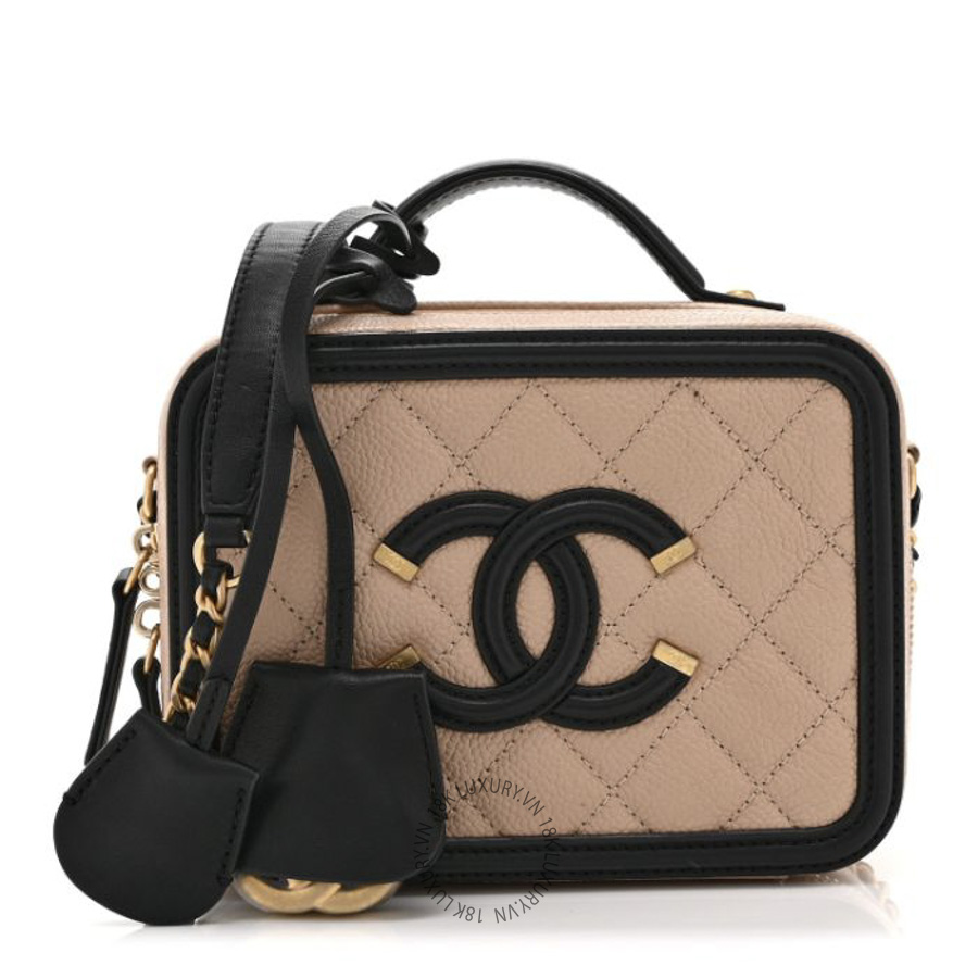 Túi Hộp Đeo Chéo Chanel Caviar Quilted Small CC Filigree Vanity Case Beige Black CDBC643