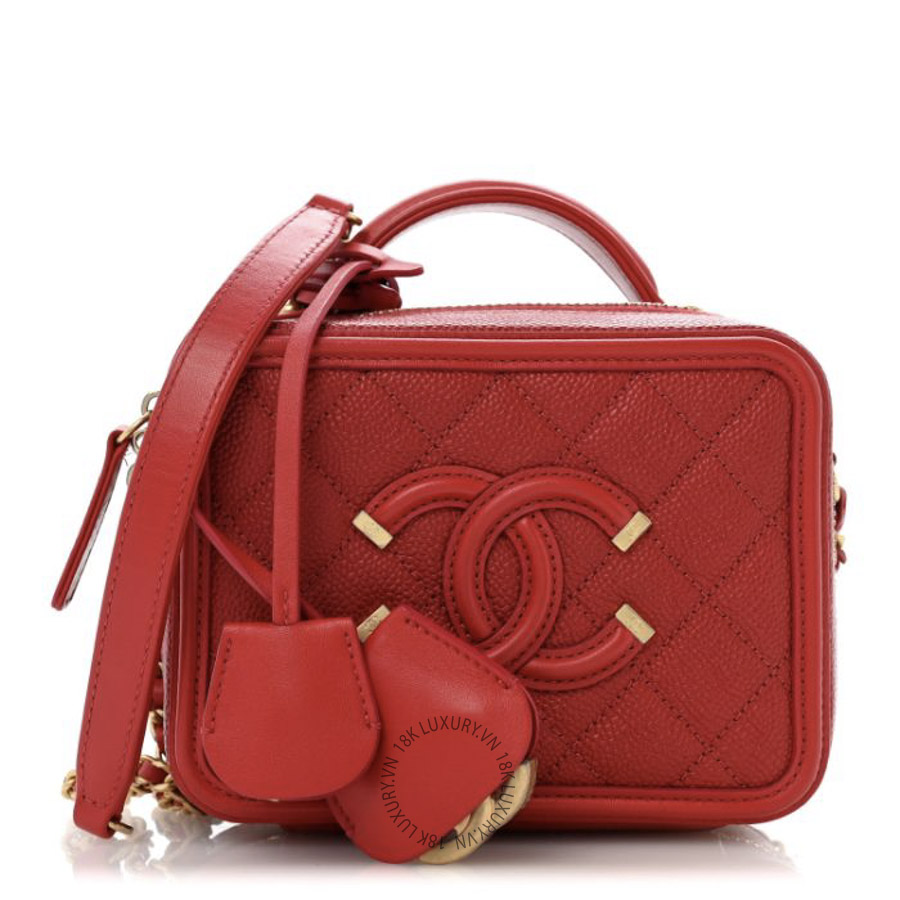 Túi Hộp Đeo Chéo Chanel Caviar Quilted Small CC Filigree Vanity Case Red CDBC256