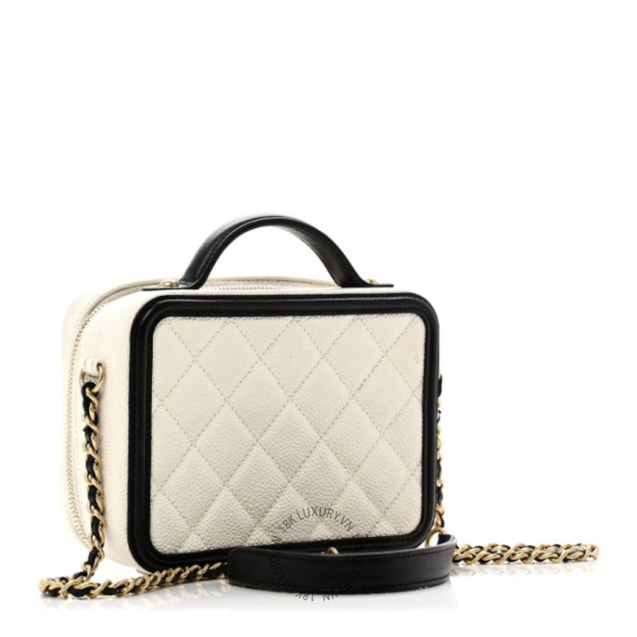 Túi Hộp Đeo Chéo Chanel Caviar Quilted Small CC Filigree Vanity Case White Black CDBC999