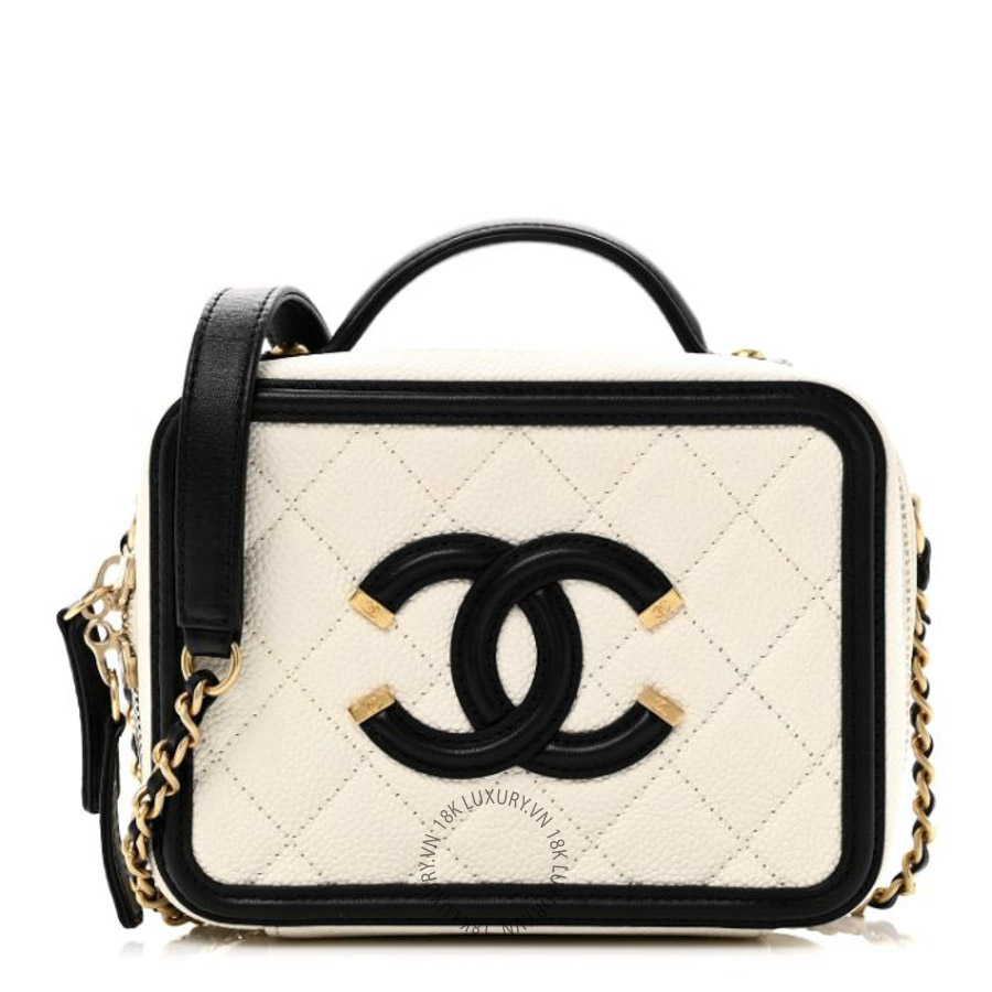 Túi Hộp Đeo Chéo Chanel Caviar Quilted Small CC Filigree Vanity Case White Black CDBC999