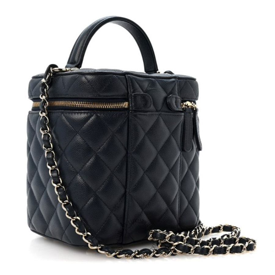 Túi Hộp Đeo Chéo Chanel Caviar Quilted Small Top Handle Vanity Case With Chain Navy Blue CDBC783