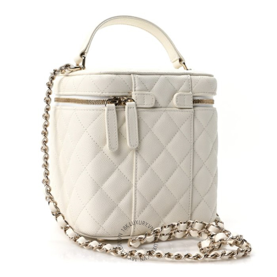 Túi Hộp Đeo Chéo Chanel Caviar Quilted Small Top Handle Vanity Case With Chain White CDBC113