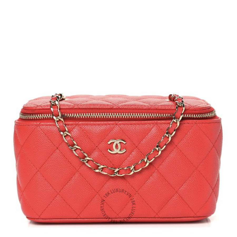 Túi Hộp Đeo Chéo Chanel Caviar Quilted Small Vanity Case With Chain Red CDBC454
