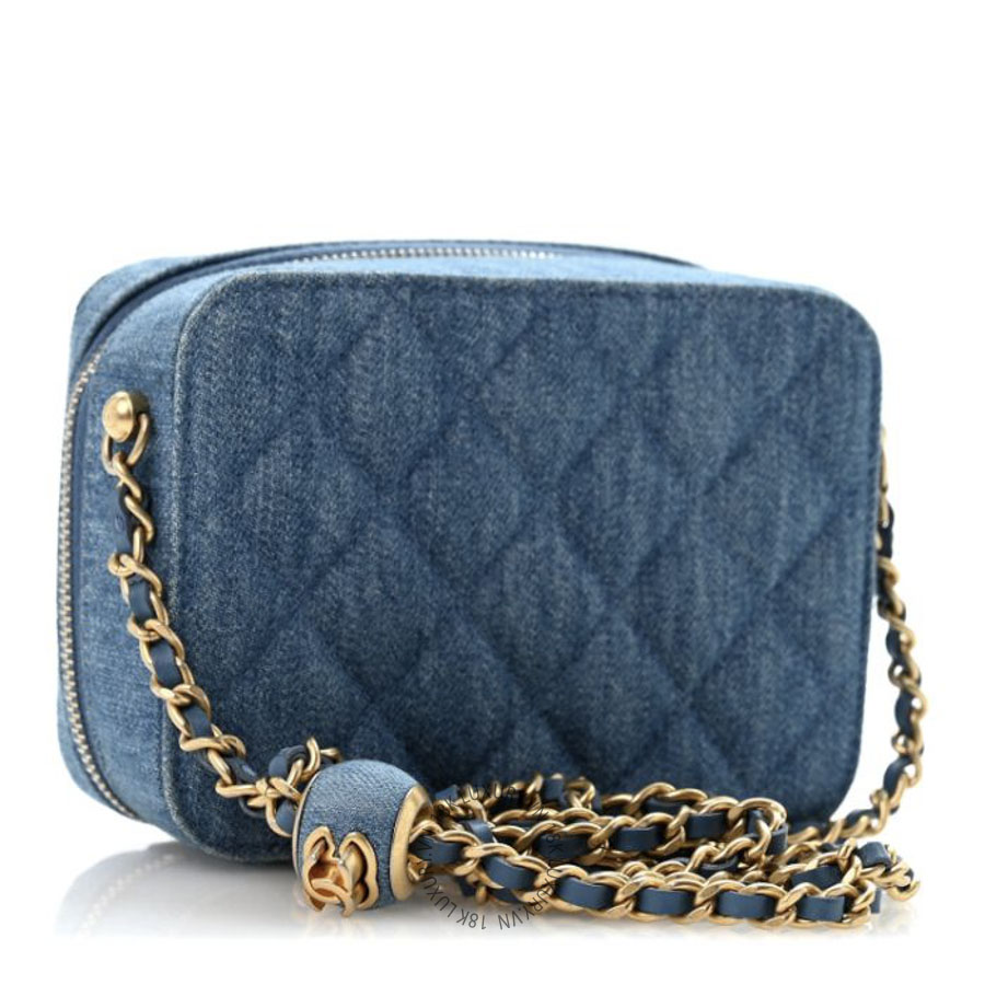 Túi Hộp Đeo Chéo Chanel Denim Quilted CC Pearl Crush Camera Case Blue CDBC680