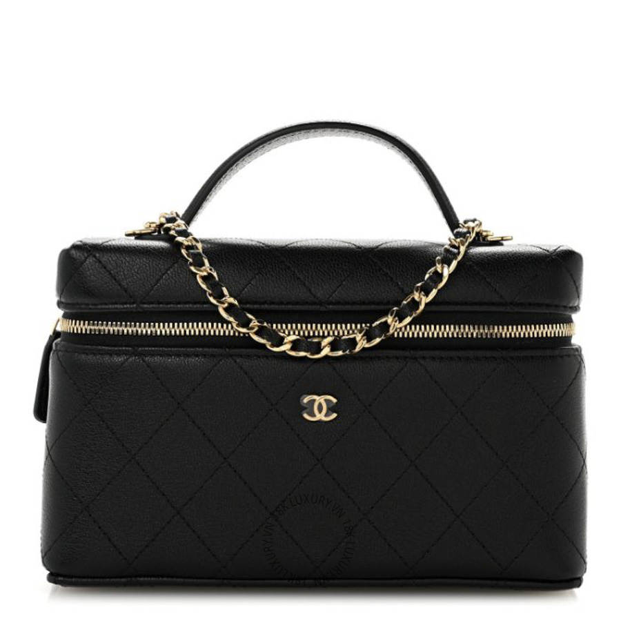 Túi Hộp Đeo Chéo Chanel Goatskin Stitched Top Handle Slim Vanity With Chain Black CDBC1114