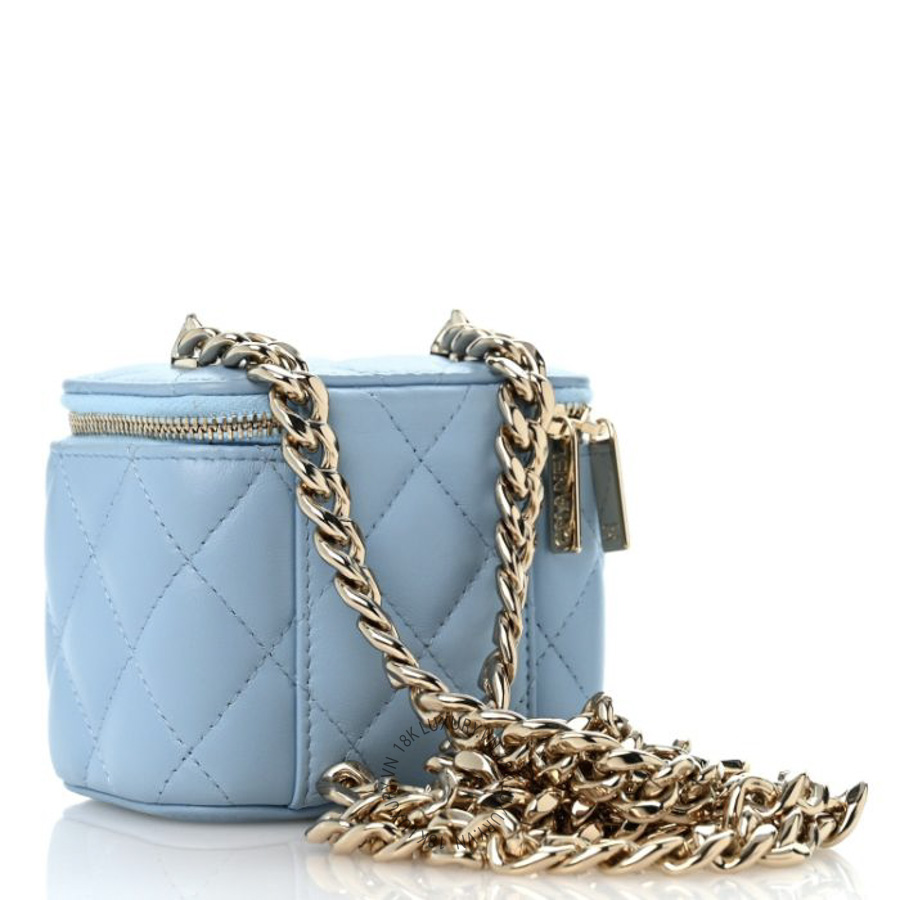 Túi Hộp Đeo Chéo Chanel Lambskin Quilted Enamel Coco Mini Vanity Case With Chain Blue CDBC586
