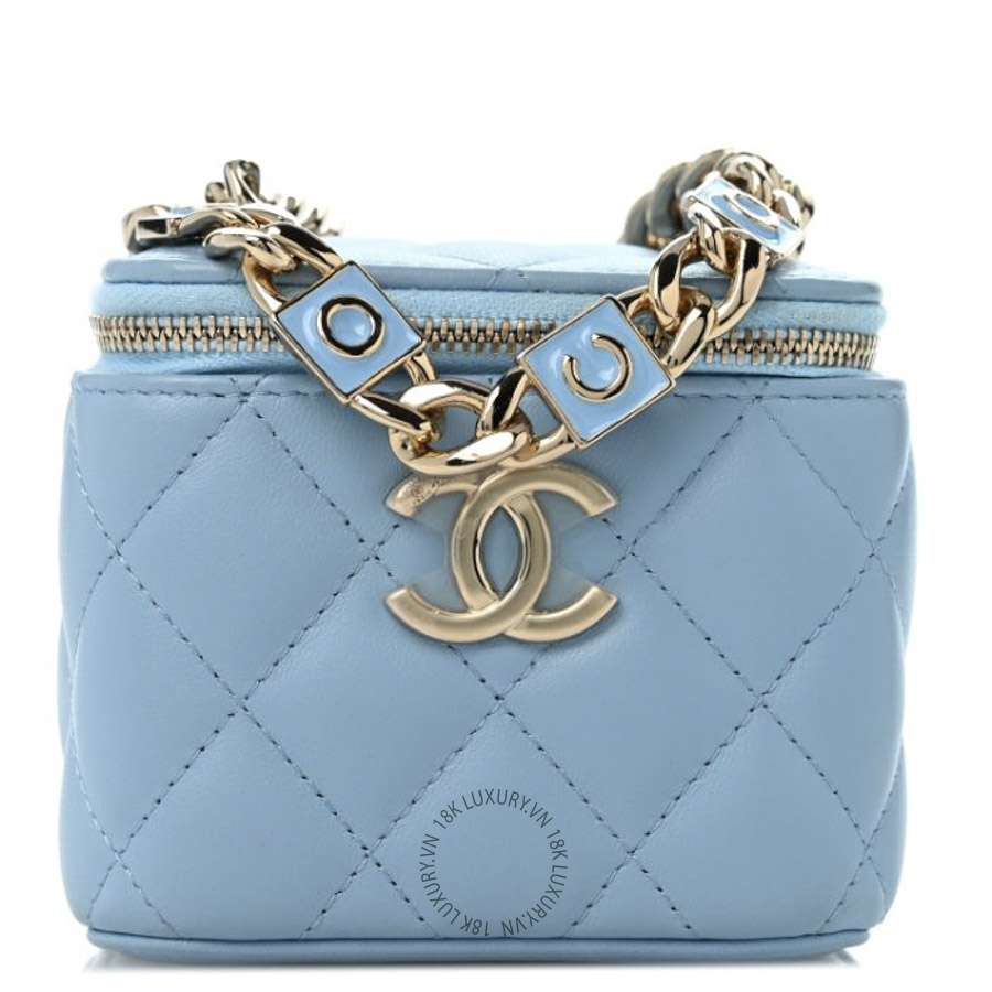 Túi Hộp Đeo Chéo Chanel Lambskin Quilted Enamel Coco Mini Vanity Case With Chain Blue CDBC586