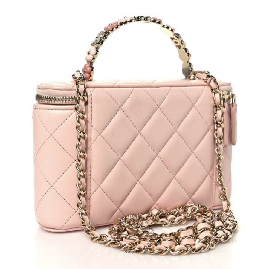 Túi Hộp Đeo Chéo Chanel Lambskin Quilted Metal Enamel Flower Mini Top Handle Vanity Case With Chain Light Pink CDBC598