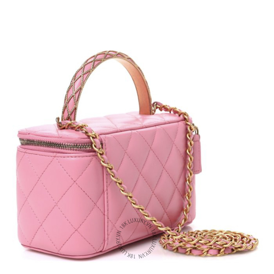 Túi Hộp Đeo Chéo Chanel Lambskin Quilted Metal Twist Small Top Handle Vanity Case With Chain Pink CDBC242