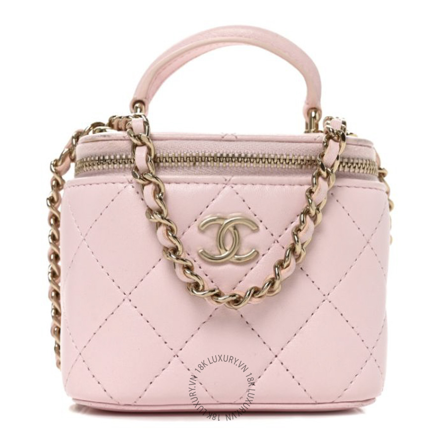 Túi Hộp Đeo Chéo Chanel Lambskin Quilted Mini Top Handle Vanity Case With Chain Light Pink CDBC1076