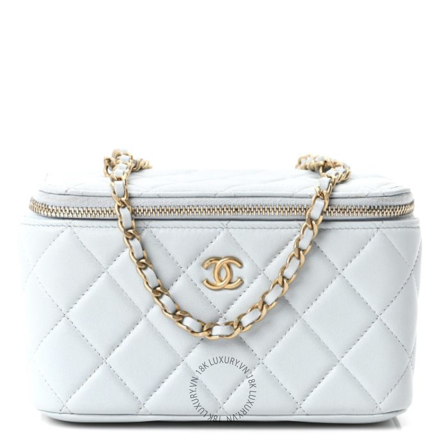 Túi Hộp Đeo Chéo Chanel Lambskin Quilted Pearl Crush Small Vanity Case With Chain Light Blue CDBC407