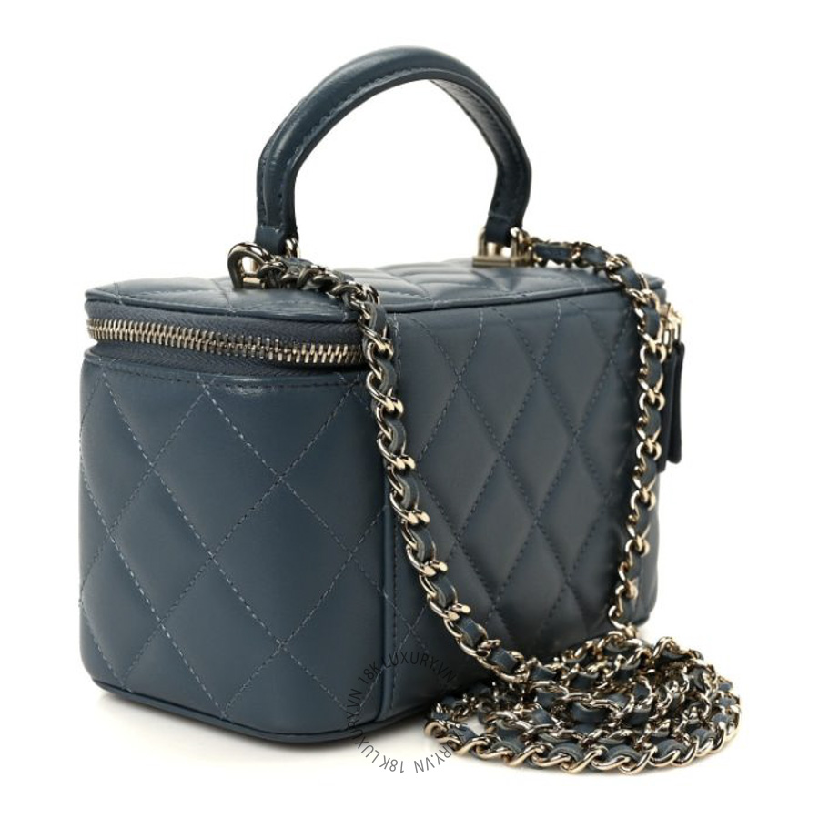 Túi Hộp Đeo Chéo Chanel Lambskin Quilted Small Top Handle Vanity Case With Chain Blue CDBC1088