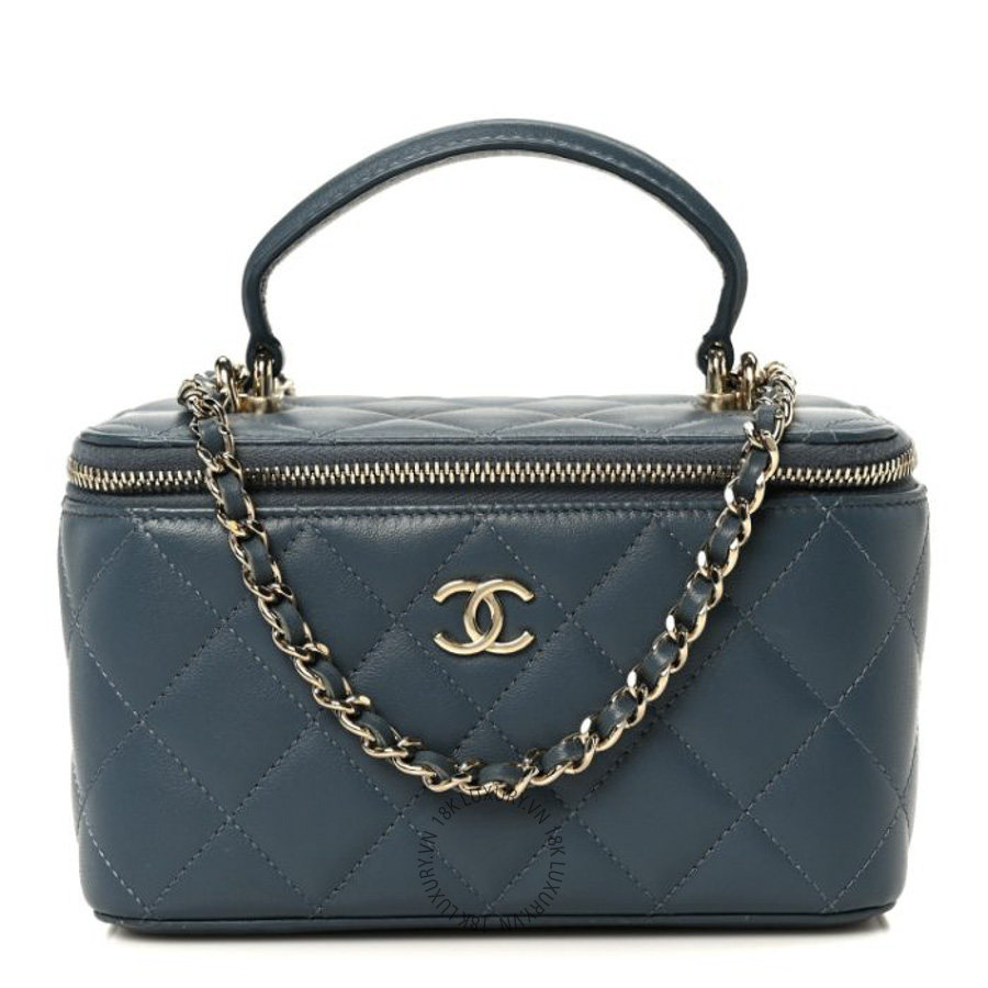 Túi Hộp Đeo Chéo Chanel Lambskin Quilted Small Top Handle Vanity Case With Chain Blue CDBC1088