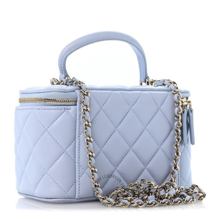 Túi Hộp Đeo Chéo Chanel Lambskin Quilted Small Top Handle Vanity Case With Chain Light Blue CDBC384