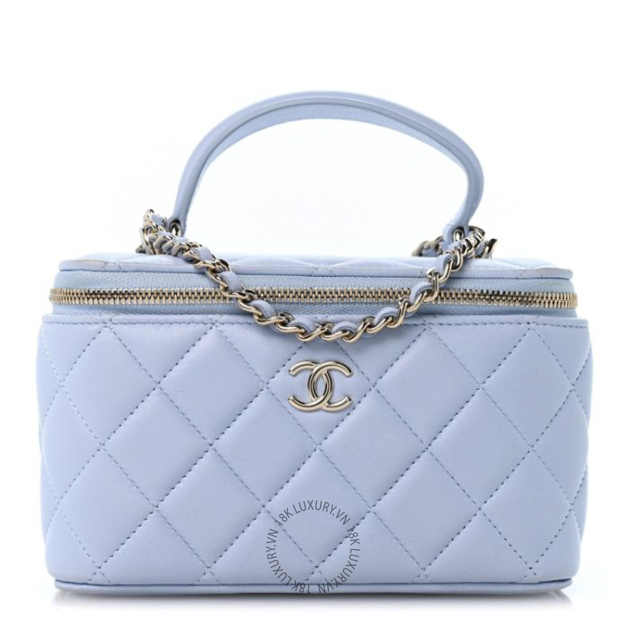 Túi Hộp Đeo Chéo Chanel Lambskin Quilted Small Top Handle Vanity Case With Chain Light Blue CDBC384